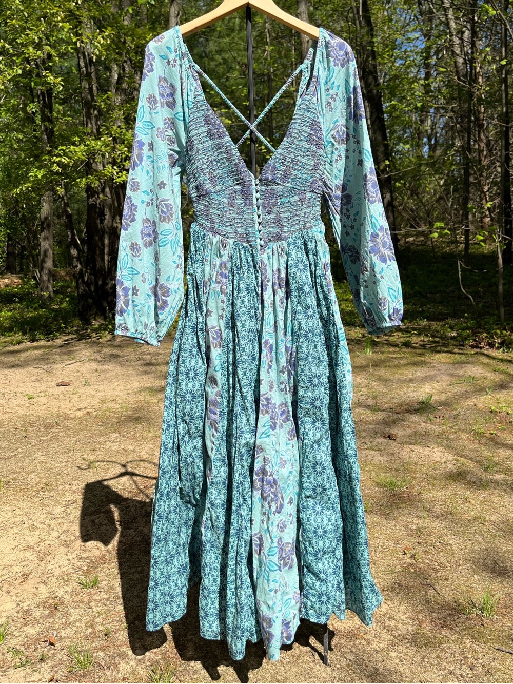 Free People A New Way Floral Maxi Dress Teal Size M Boho Summer Cotton